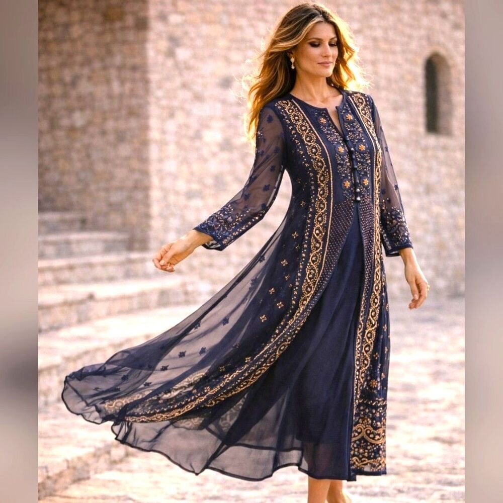 Heirloom Celebration Zoon M Sheer Overlay Navy Embroider Tunic Dress Gold Sequin
